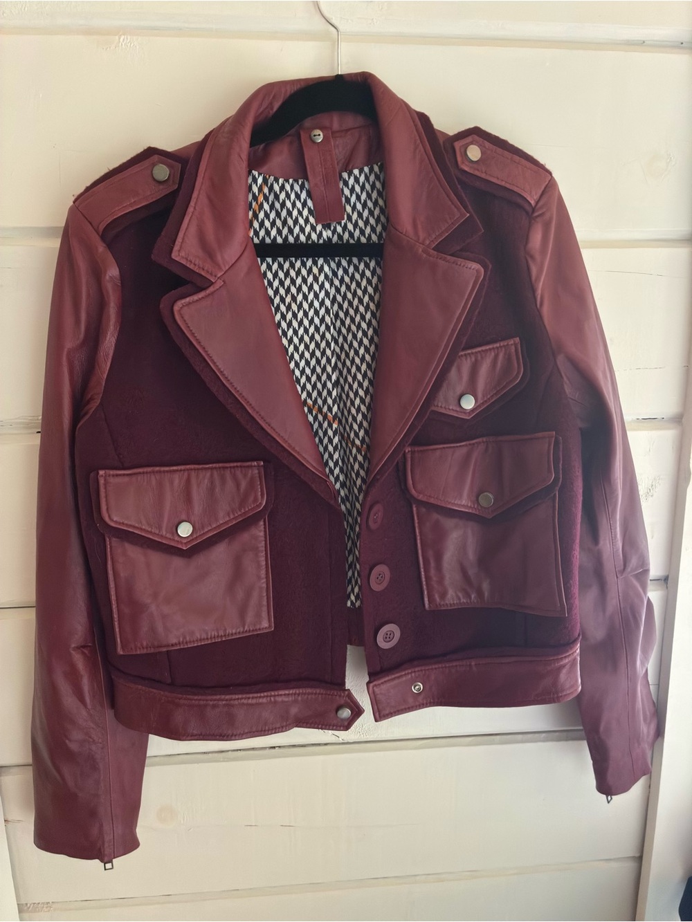 Burgundy Leather & Wool Mixed Moto Jacket